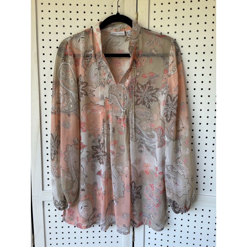 Susan Graver Sheer Popover Blouse V Neck Coral Beige Women's Small Tunic